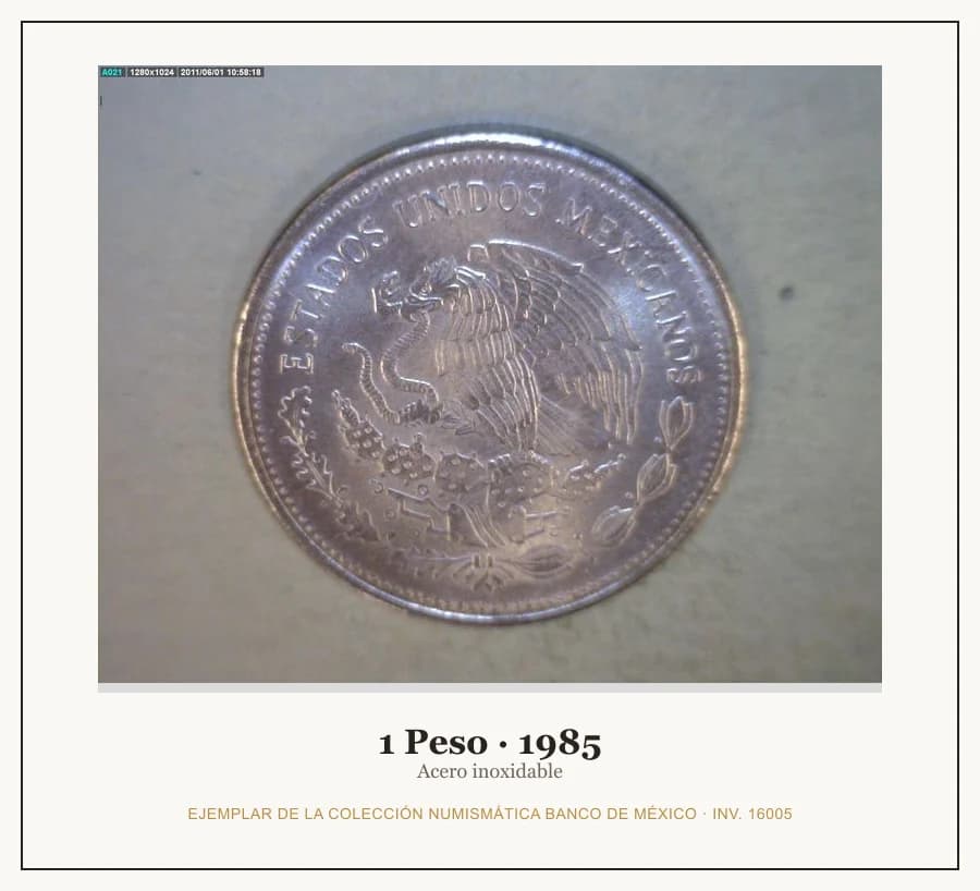 1 Peso · 1985 — Ejemplar de la Colección Numismática Banco de México, inv. 16005