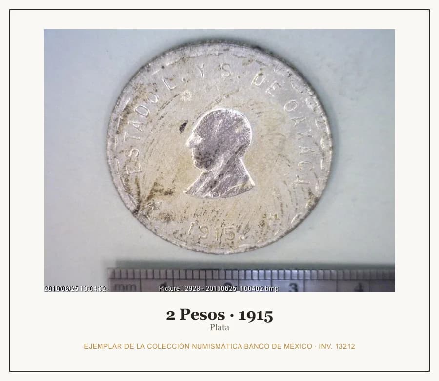 2 Pesos · 1915 — Ejemplar de la Colección Numismática Banco de México, inv. 13212