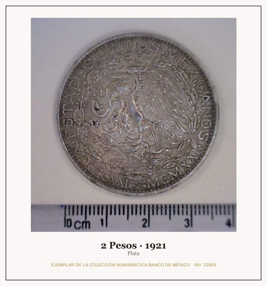 2 Pesos · 1921 — Ejemplar de la Colección Numismática Banco de México, inv. 22909