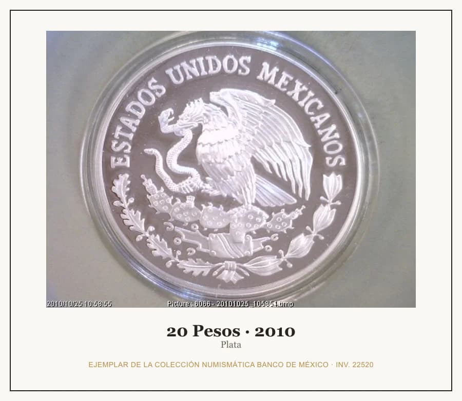 20 Pesos · 2010 — Ejemplar de la Colección Numismática Banco de México, inv. 22520