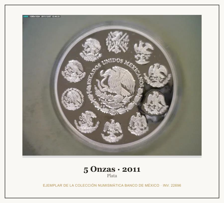 5 Onzas · 2011 — Ejemplar de la Colección Numismática Banco de México, inv. 22696