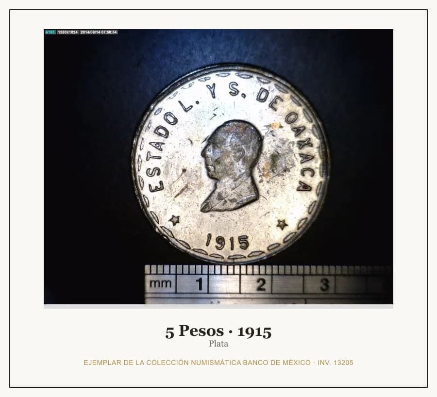 5 Pesos · 1915 — Ejemplar de la Colección Numismática Banco de México, inv. 13205