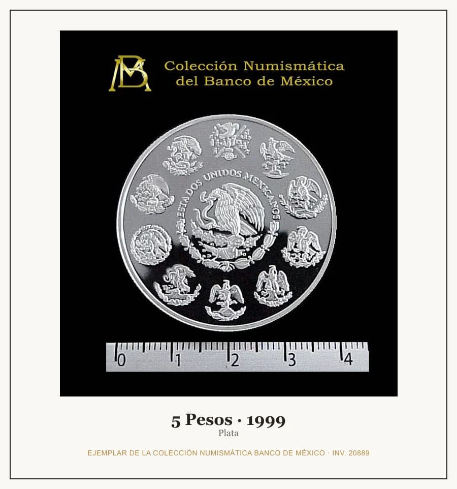 5 Pesos · 1999 — Ejemplar de la Colección Numismática Banco de México, inv. 20889