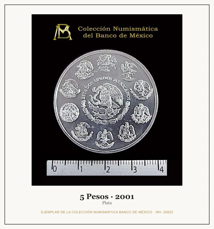 5 Pesos · 2001 — Ejemplar de la Colección Numismática Banco de México, inv. 20832