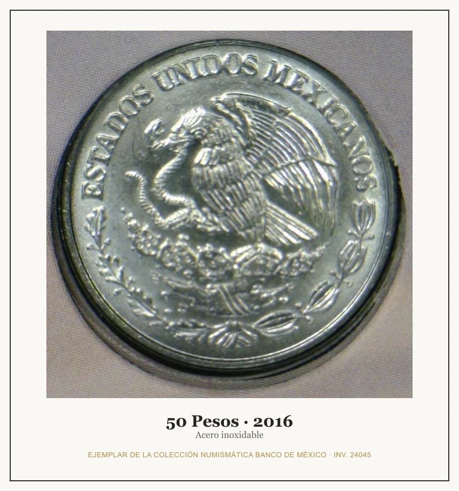 50 Pesos · 2016 — Ejemplar de la Colección Numismática Banco de México, inv. 24045