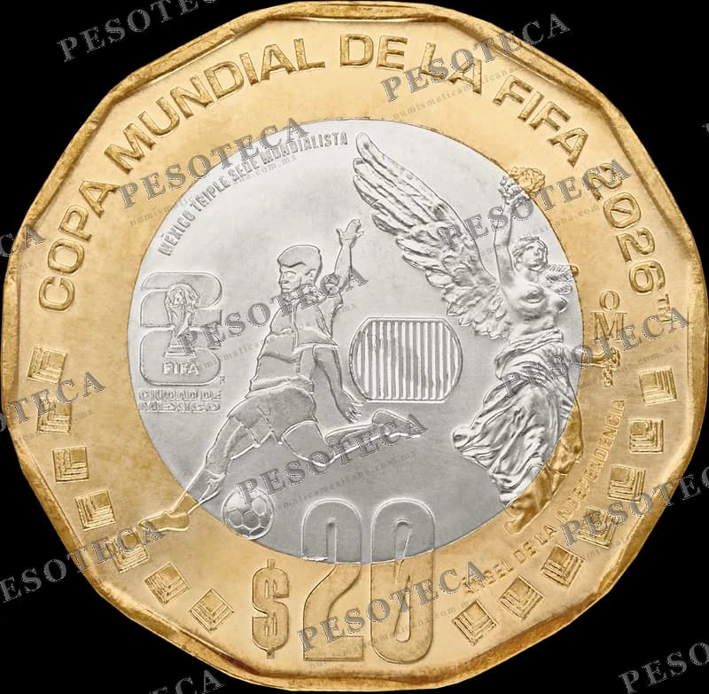 Moneda 20 pesos Mundial 2026 Ciudad de México bimetálica oficial Banxico