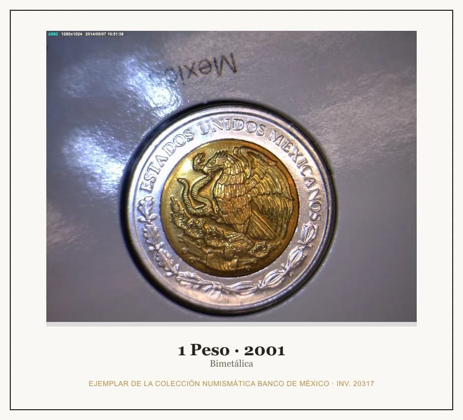 1 Peso · 2001 — Ejemplar de la Colección Numismática Banco de México, inv. 20317