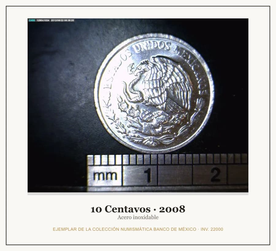 10 Centavos · 2008 — Ejemplar de la Colección Numismática Banco de México, inv. 22000