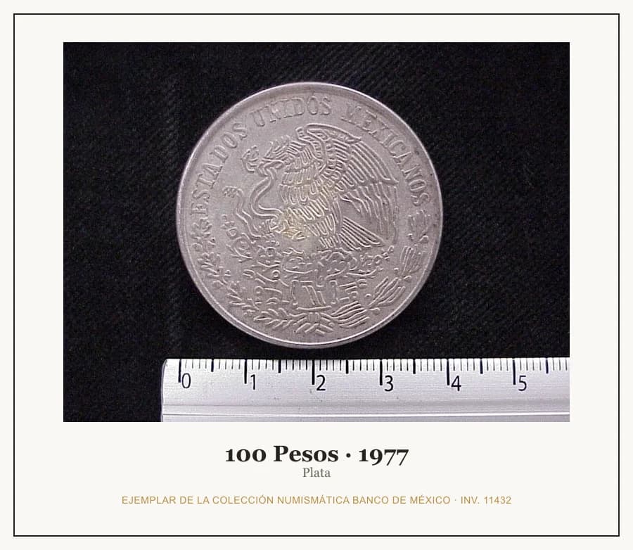 100 Pesos · 1977 — Ejemplar de la Colección Numismática Banco de México, inv. 11432
