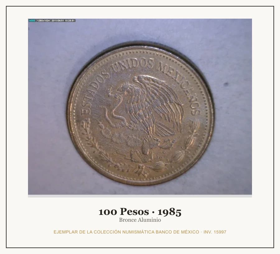 100 Pesos · 1985 — Ejemplar de la Colección Numismática Banco de México, inv. 15997