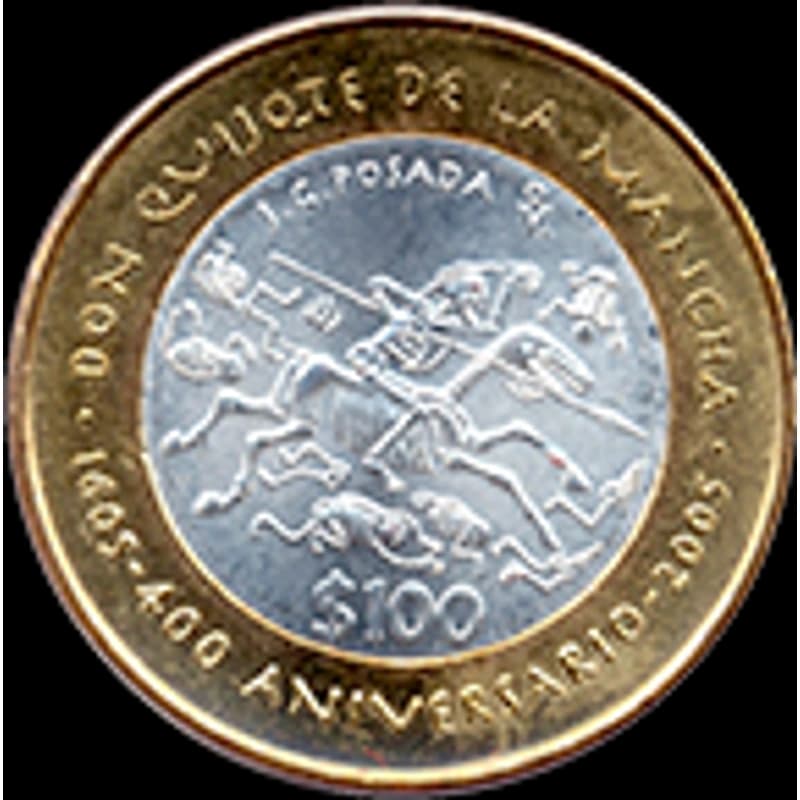 Moneda 100 pesos 400 aniversario de la primera edición de la obra literaria "El Ingenioso Hidalgo Don Quijote de la Mancha" de Miguel de Cervantes Saavedra — reverso