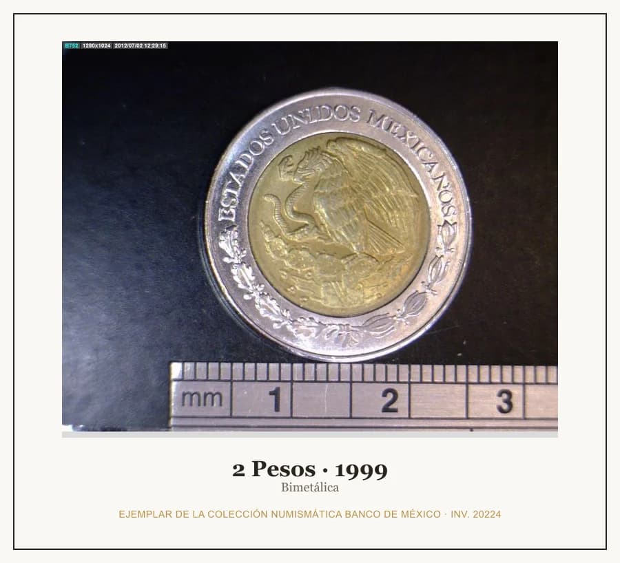 2 Pesos · 1999 — Ejemplar de la Colección Numismática Banco de México, inv. 20224