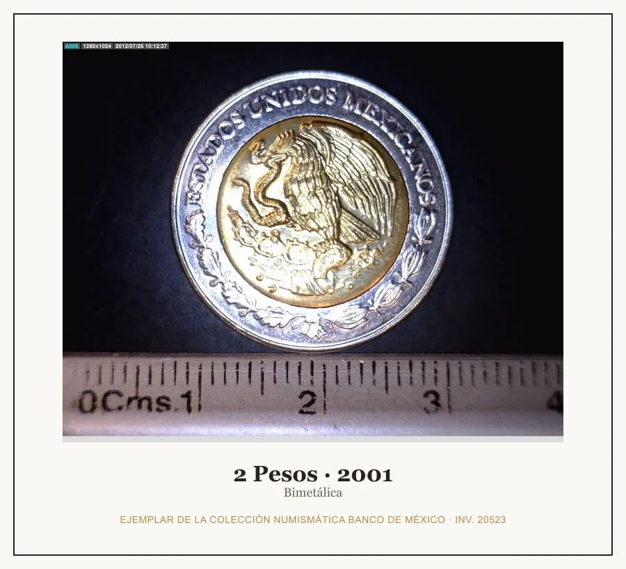 2 Pesos · 2001 — Ejemplar de la Colección Numismática Banco de México, inv. 20523
