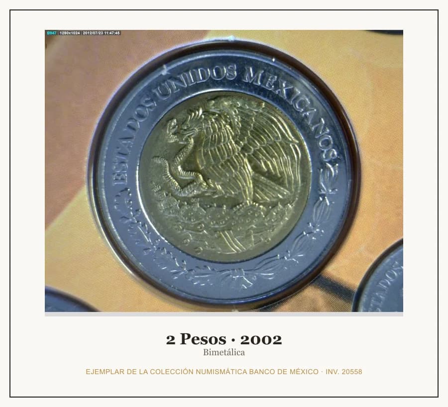 2 Pesos · 2002 — Ejemplar de la Colección Numismática Banco de México, inv. 20558