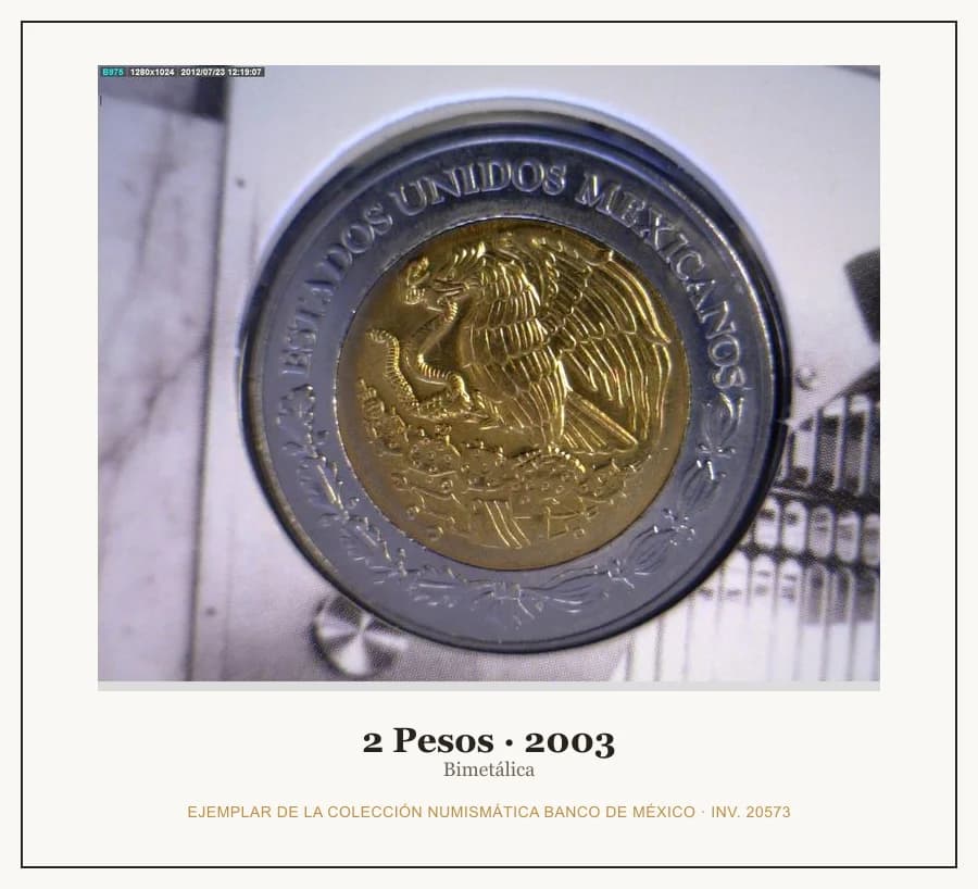 2 Pesos · 2003 — Ejemplar de la Colección Numismática Banco de México, inv. 20573
