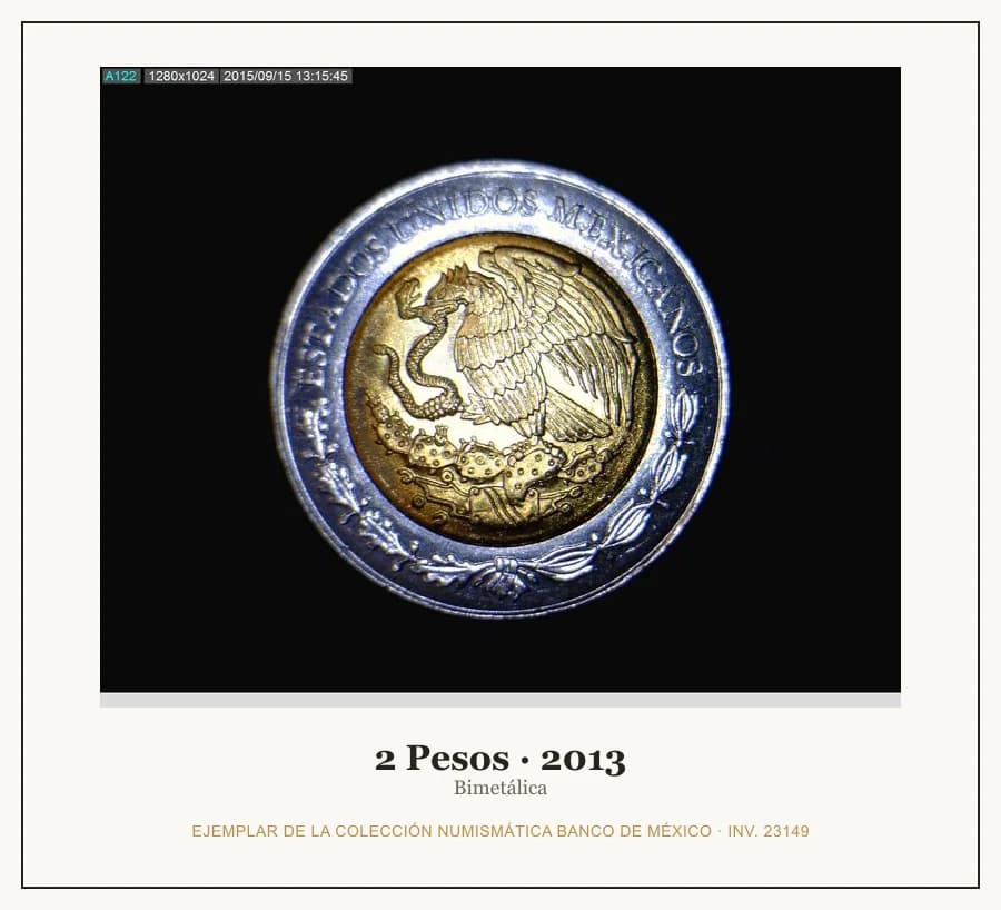 2 Pesos · 2013 — Ejemplar de la Colección Numismática Banco de México, inv. 23149