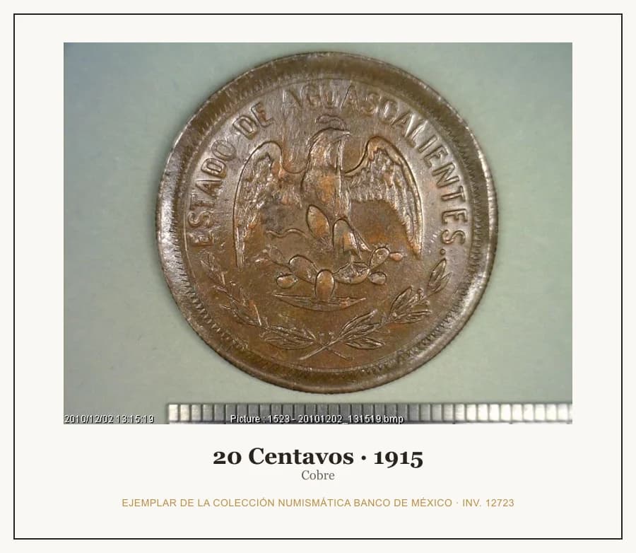 20 Centavos · 1915 — Ejemplar de la Colección Numismática Banco de México, inv. 12723