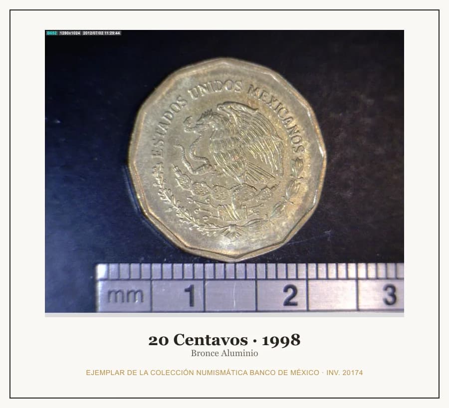 20 Centavos · 1998 — Ejemplar de la Colección Numismática Banco de México, inv. 20174