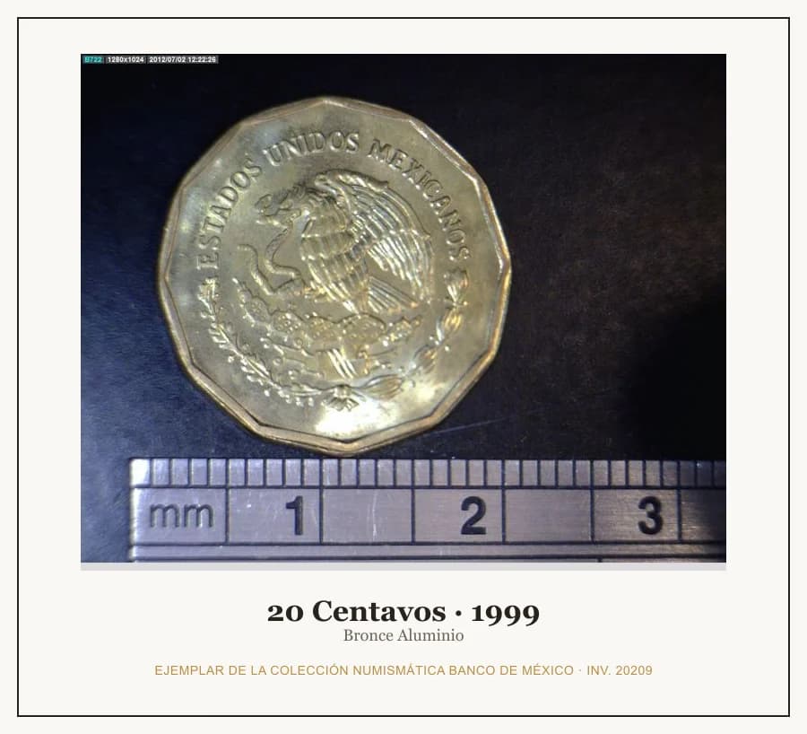 20 Centavos · 1999 — Ejemplar de la Colección Numismática Banco de México, inv. 20209