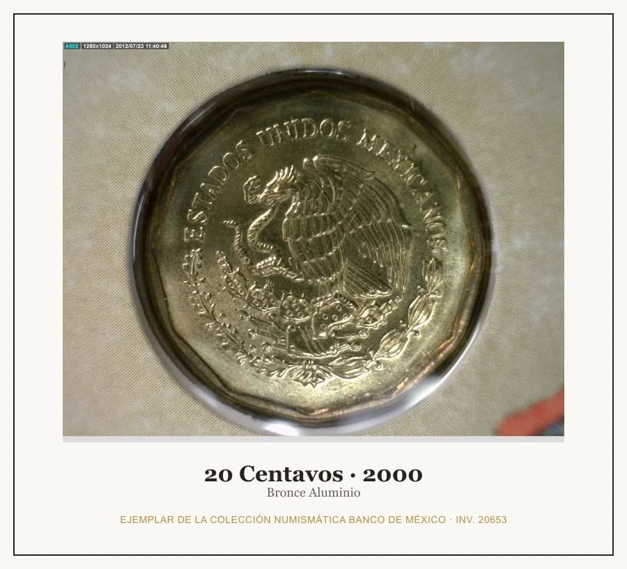 20 Centavos · 2000 — Ejemplar de la Colección Numismática Banco de México, inv. 20653