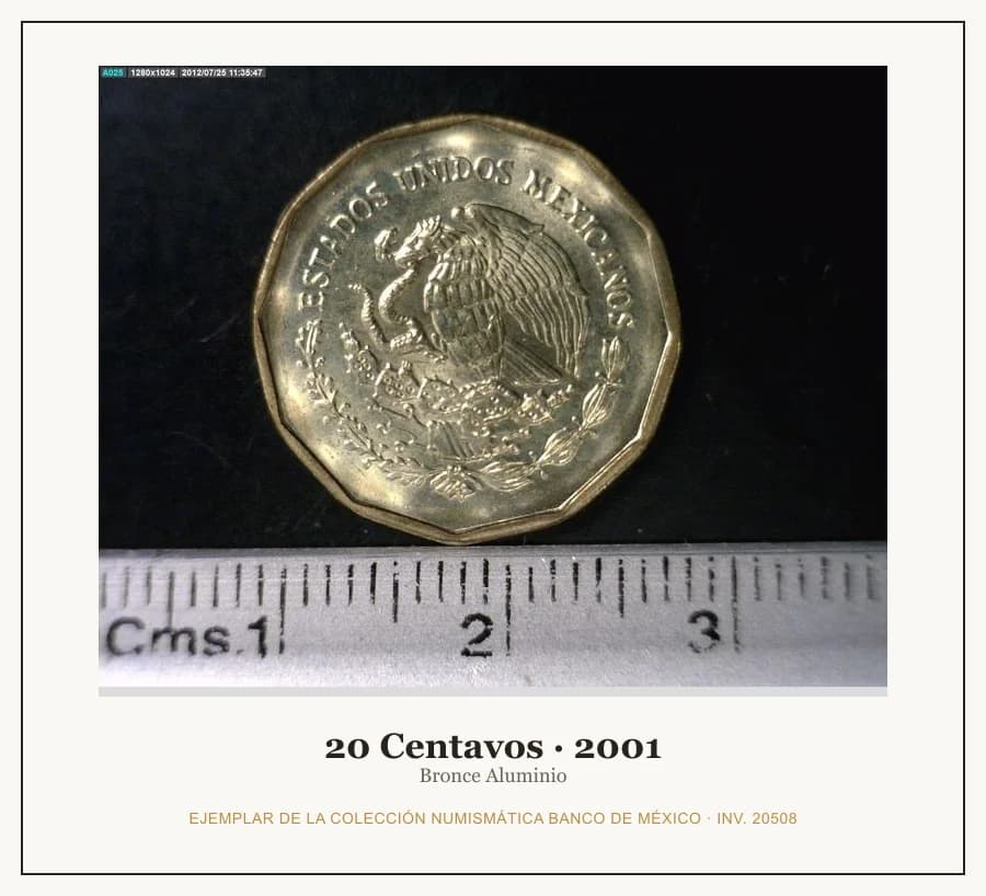 20 Centavos · 2001 — Ejemplar de la Colección Numismática Banco de México, inv. 20508