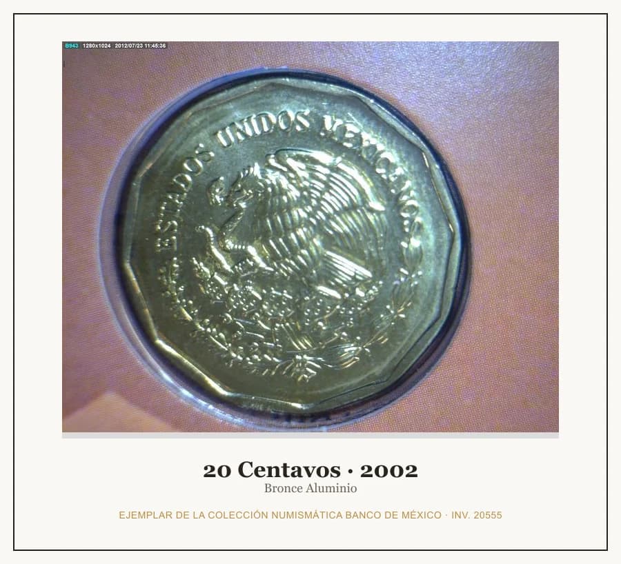 20 Centavos · 2002 — Ejemplar de la Colección Numismática Banco de México, inv. 20555