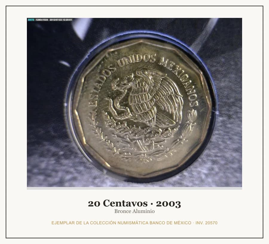 20 Centavos · 2003 — Ejemplar de la Colección Numismática Banco de México, inv. 20570