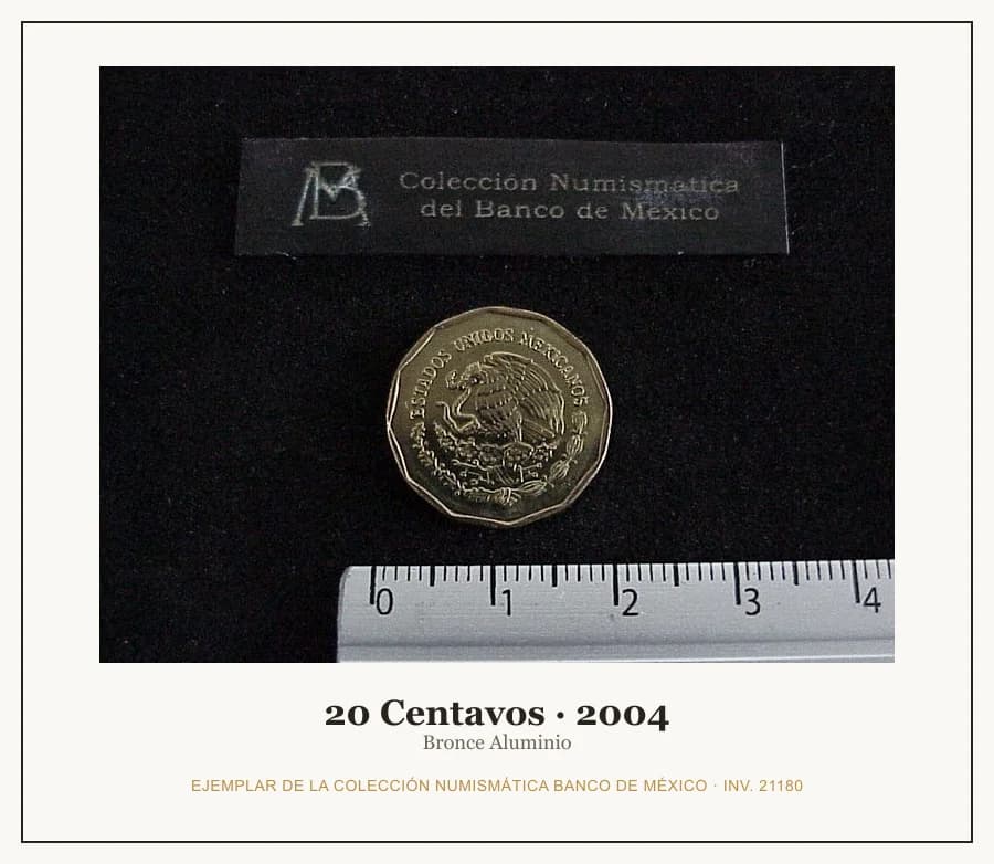 20 Centavos · 2004 — Ejemplar de la Colección Numismática Banco de México, inv. 21180