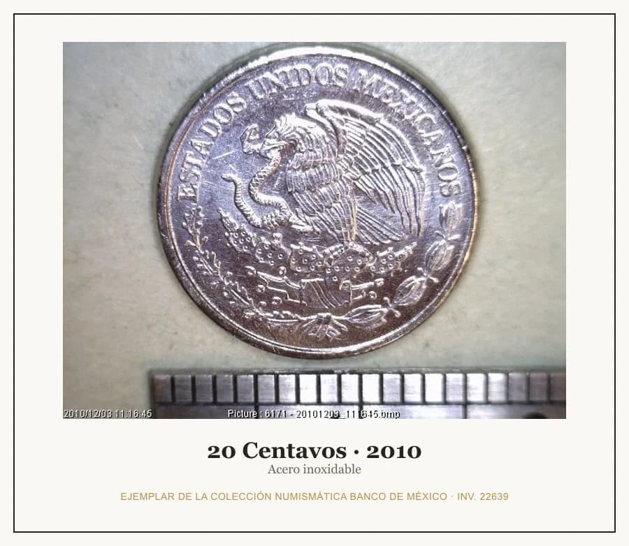 20 Centavos · 2010 — Ejemplar de la Colección Numismática Banco de México, inv. 22639