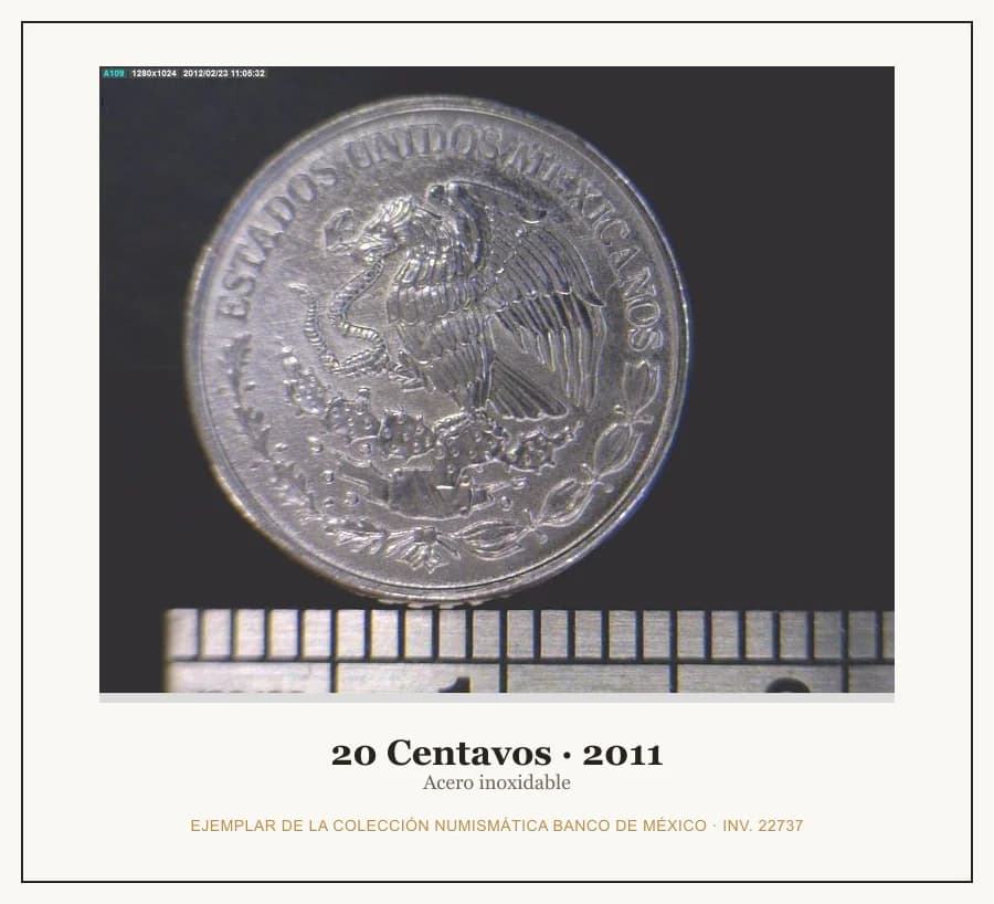 20 Centavos · 2011 — Ejemplar de la Colección Numismática Banco de México, inv. 22737