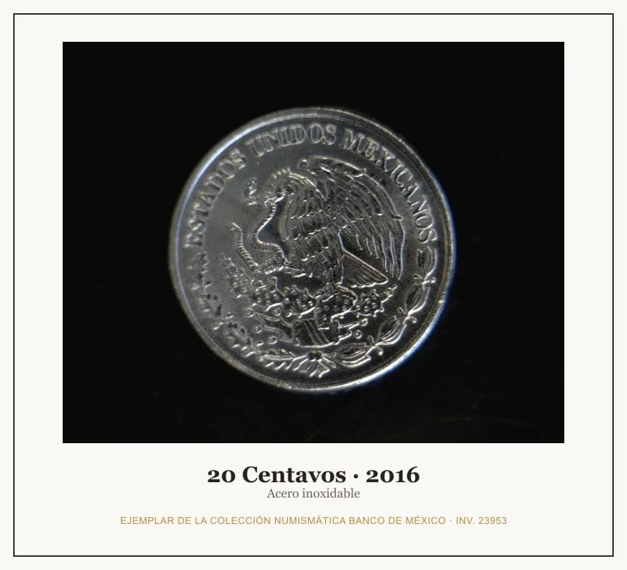 20 Centavos · 2016 — Ejemplar de la Colección Numismática Banco de México, inv. 23953
