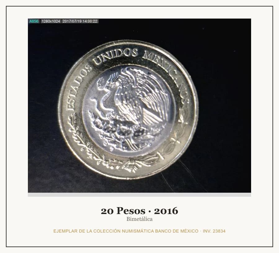 20 Pesos · 2016 — Ejemplar de la Colección Numismática Banco de México, inv. 23834