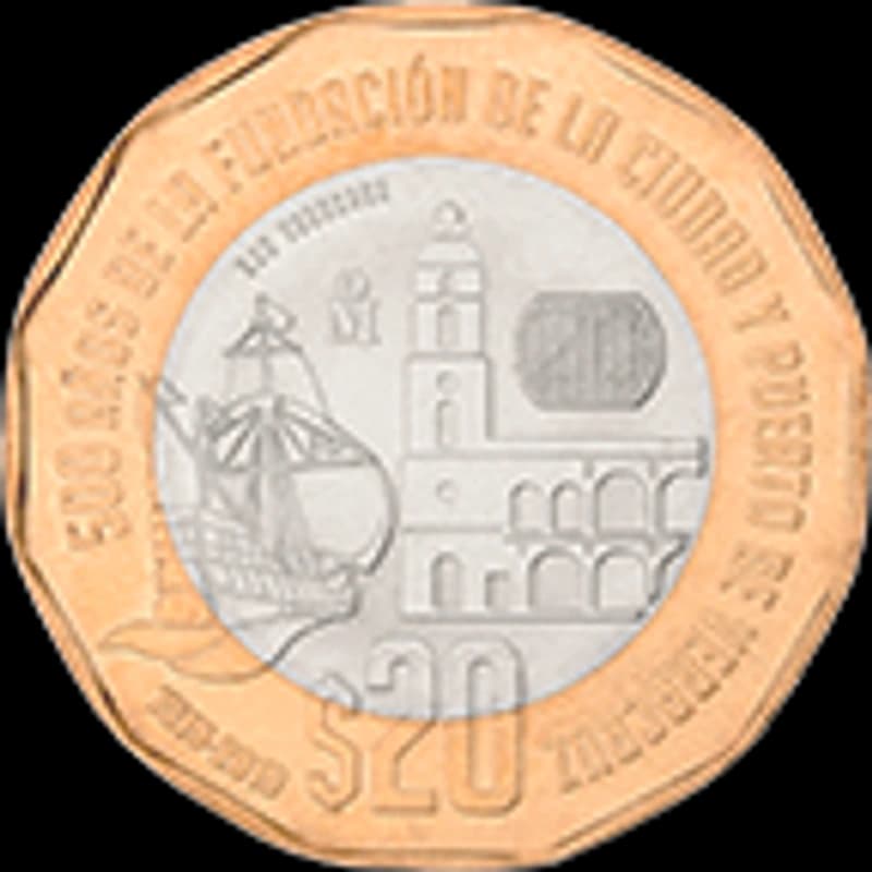 Moneda de 20 pesos, conmemorativa de los 500 años de la fundación de la ciudad y puerto de Veracruz, familia C1 — reverso