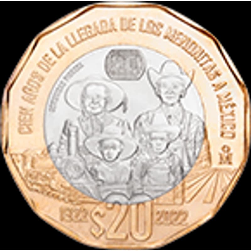 Moneda de 20 pesos, conmemorativa de los cien años de la llegada de los Menonitas a México, familia C1 — reverso