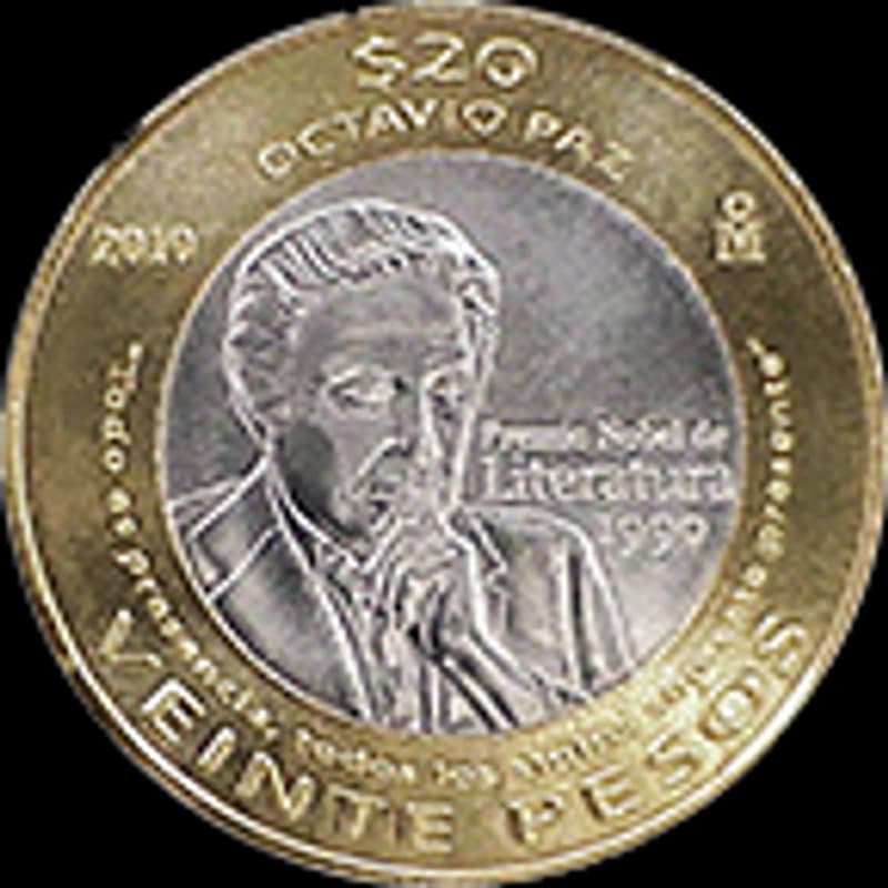 Moneda 20 pesos Vigésimo aniversario de la entrega del Premio Nobel de Literatura a Octavio Paz — reverso