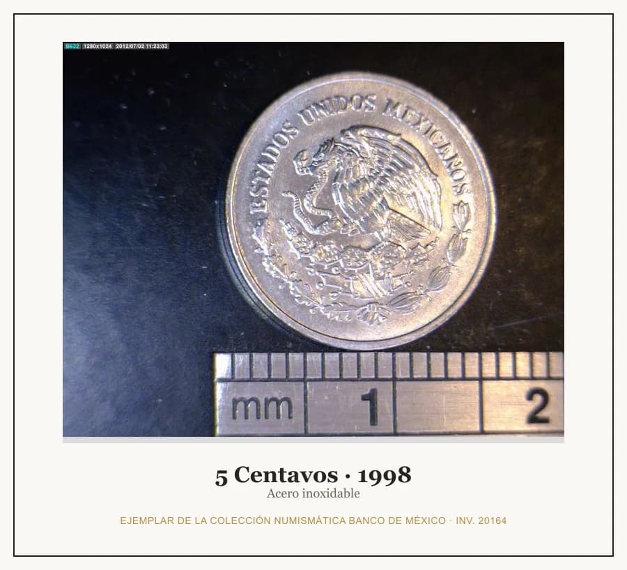 5 Centavos · 1998 — Ejemplar de la Colección Numismática Banco de México, inv. 20164