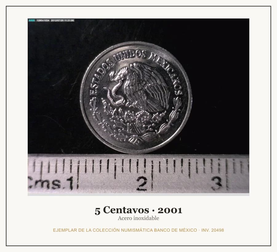 5 Centavos · 2001 — Ejemplar de la Colección Numismática Banco de México, inv. 20498