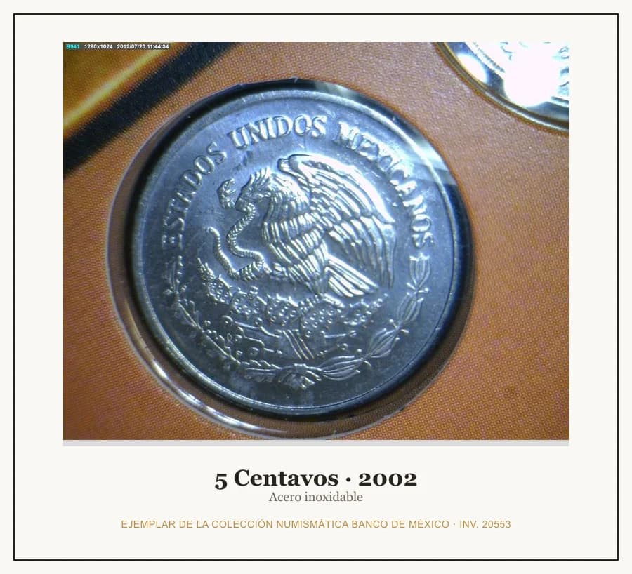 5 Centavos · 2002 — Ejemplar de la Colección Numismática Banco de México, inv. 20553