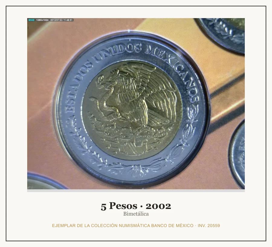 5 Pesos · 2002 — Ejemplar de la Colección Numismática Banco de México, inv. 20559