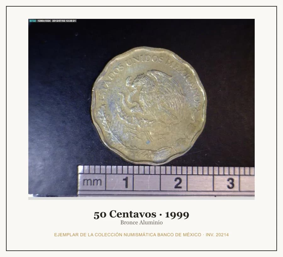 50 Centavos · 1999 — Ejemplar de la Colección Numismática Banco de México, inv. 20214