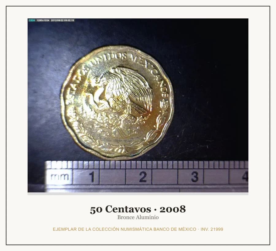 50 Centavos · 2008 — Ejemplar de la Colección Numismática Banco de México, inv. 21999