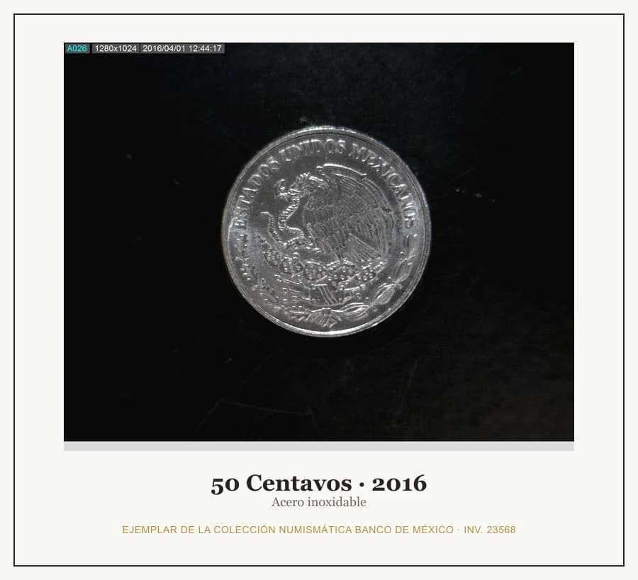 50 Centavos · 2016 — Ejemplar de la Colección Numismática Banco de México, inv. 23568
