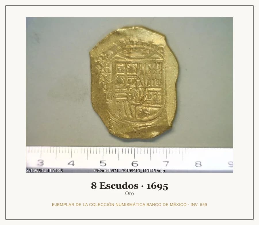 8 Escudos · 1695 — Ejemplar de la Colección Numismática Banco de México, inv. 559