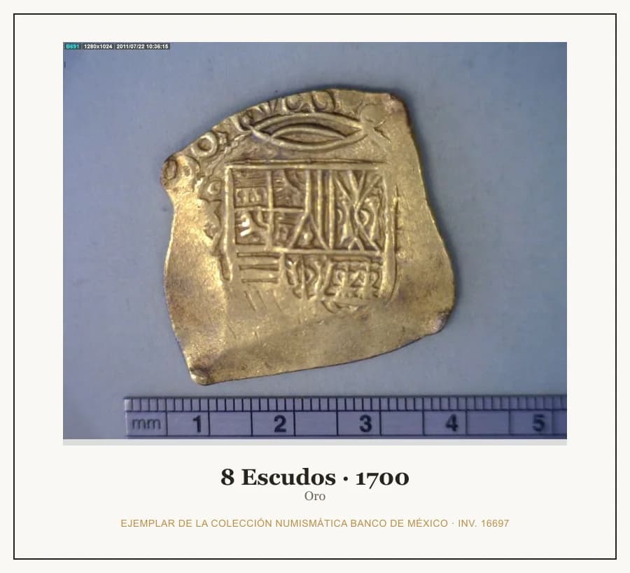 8 Escudos · 1700 — Ejemplar de la Colección Numismática Banco de México, inv. 16697