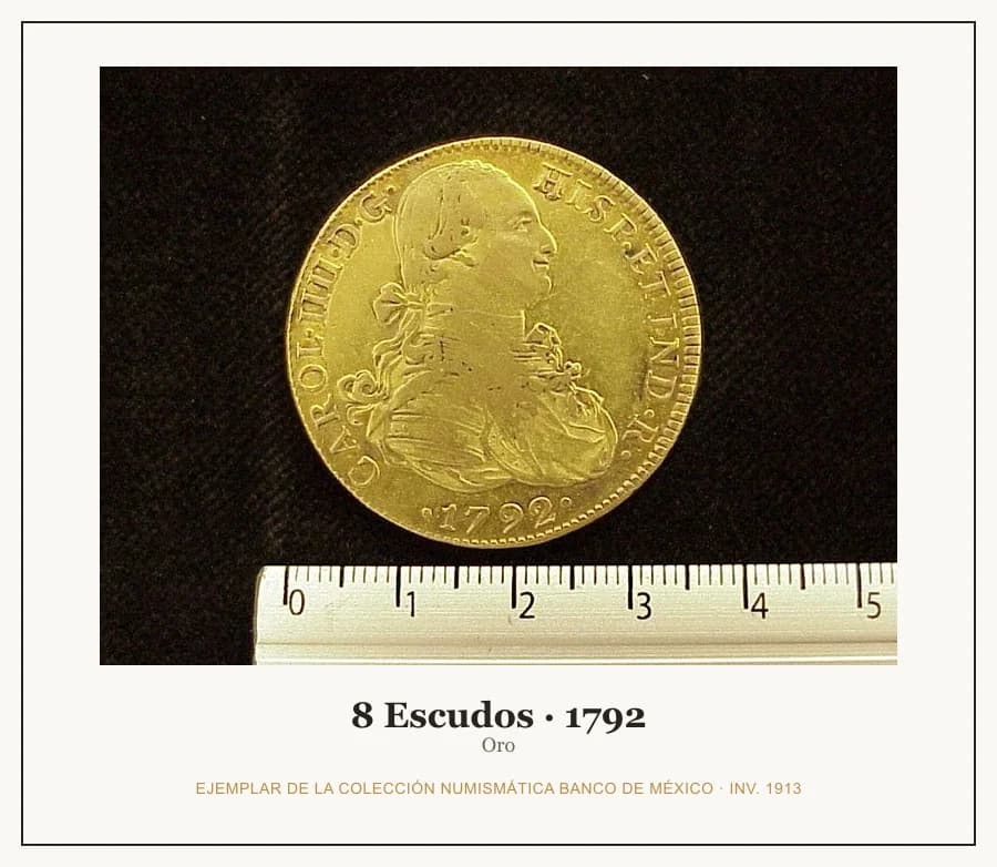 8 Escudos · 1792 — Ejemplar de la Colección Numismática Banco de México, inv. 1913
