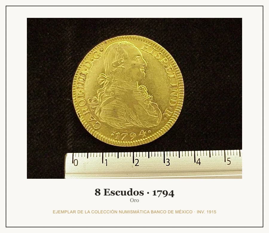 8 Escudos · 1794 — Ejemplar de la Colección Numismática Banco de México, inv. 1915