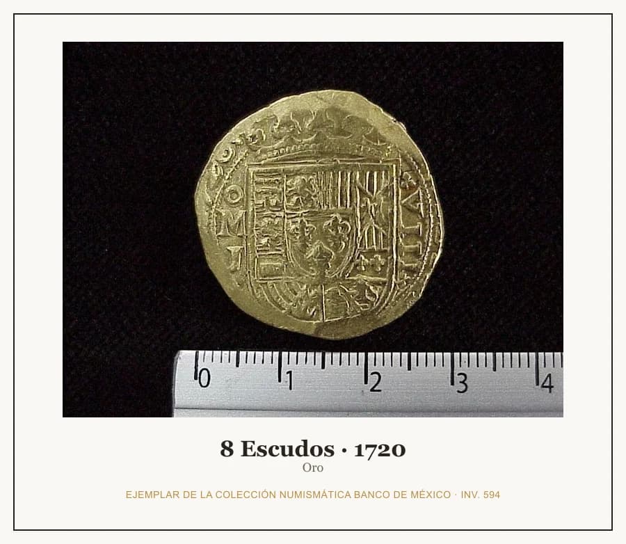 8 Escudos · 1720 — Ejemplar de la Colección Numismática Banco de México, inv. 594