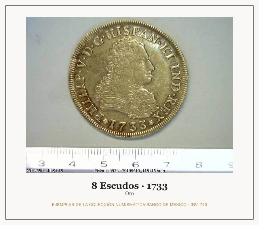 8 Escudos · 1733 — Ejemplar de la Colección Numismática Banco de México, inv. 740
