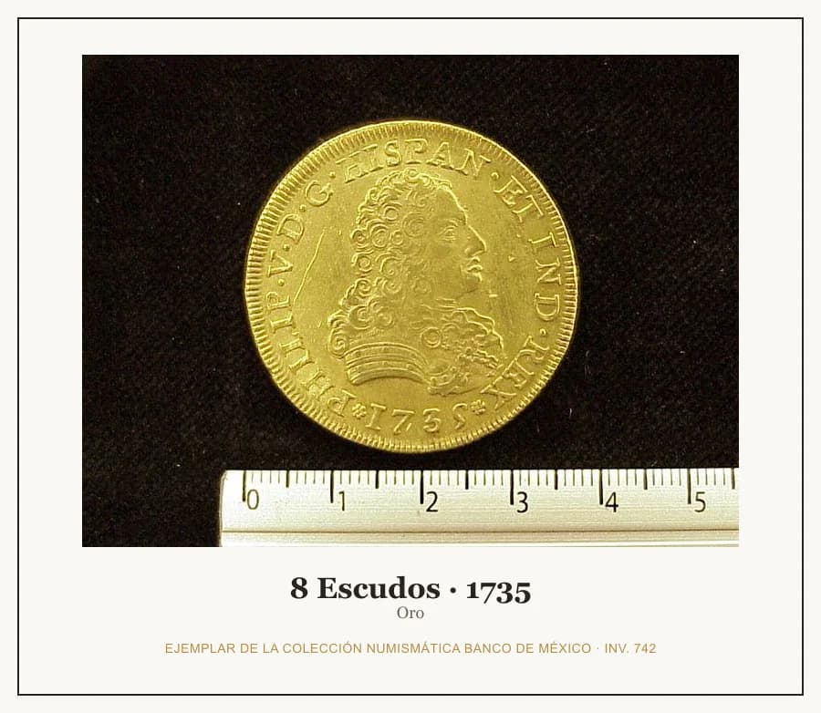 8 Escudos · 1735 — Ejemplar de la Colección Numismática Banco de México, inv. 742