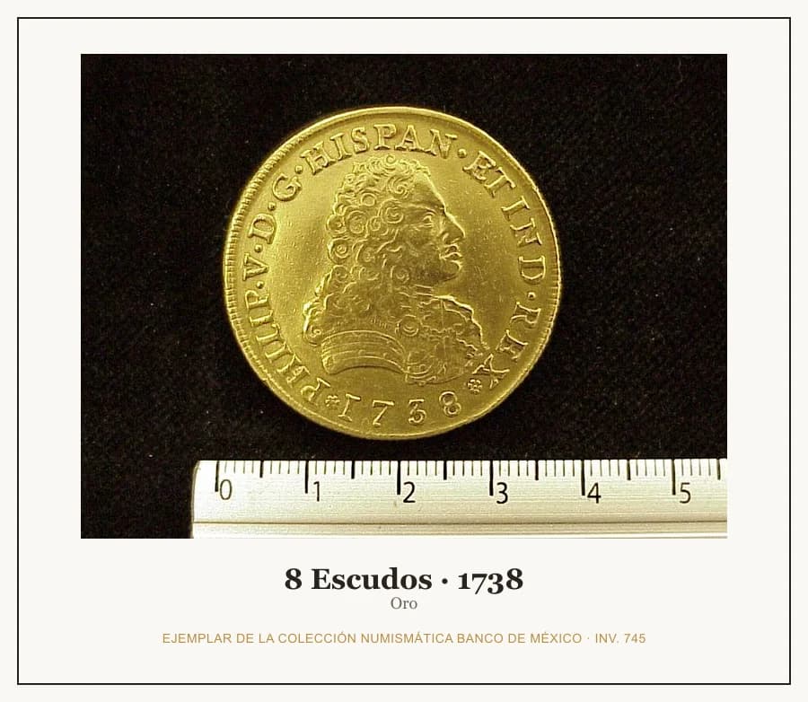 8 Escudos · 1738 — Ejemplar de la Colección Numismática Banco de México, inv. 745